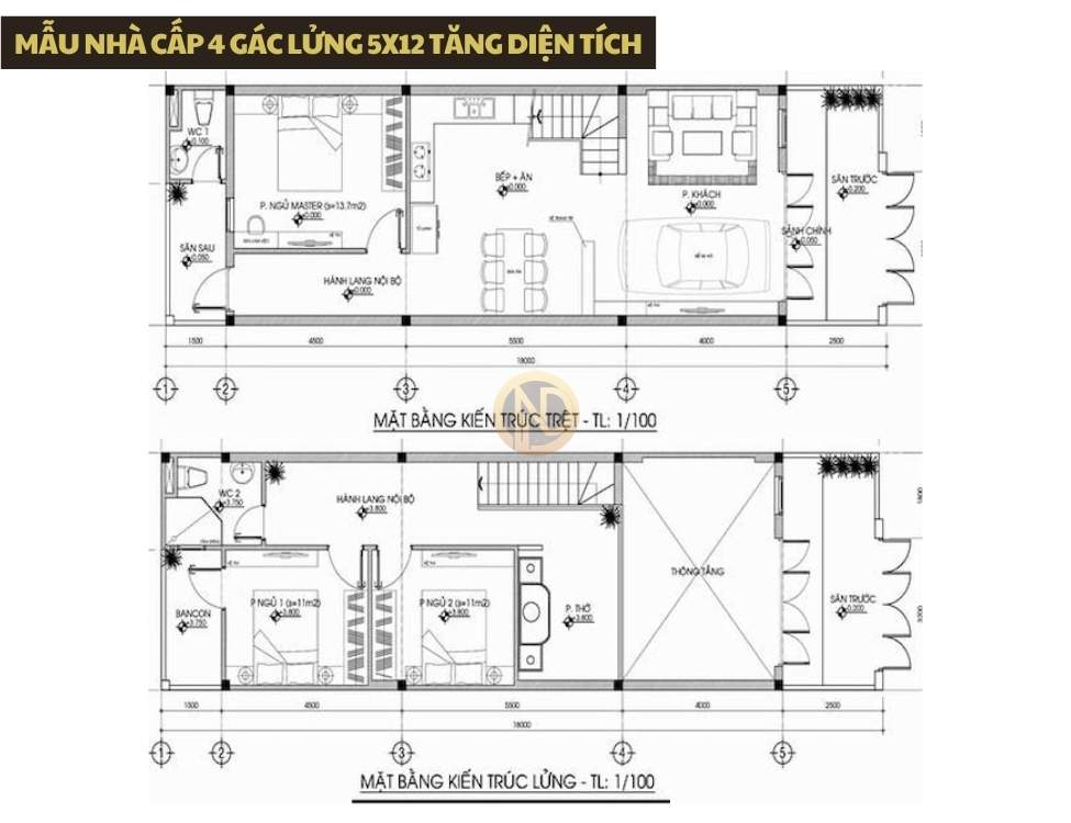 Mẫu nhà cấp 4 gác lửng 5x12 tăng diện tích