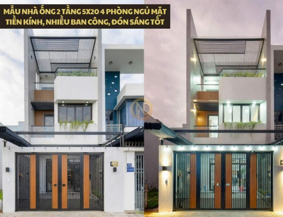 Mẫu nhà ống 2 tầng 5x20 4 phòng ngủ mặt tiền kính, nhiều ban công, đón sáng tốt