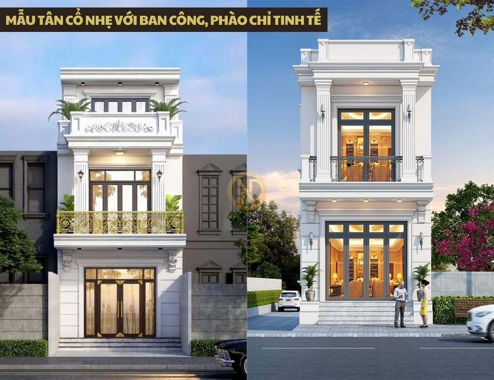 Mẫu tân cổ nhẹ với ban công, phào chỉ tinh tế trên mặt tiền 5m