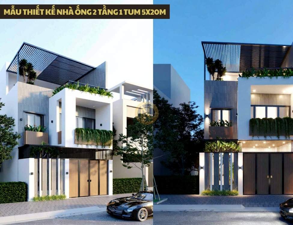 Mẫu thiết kế nhà ống 2 tầng 1 tum 5x20m với mái bằng, lam che và mảng xanh mặt tiền