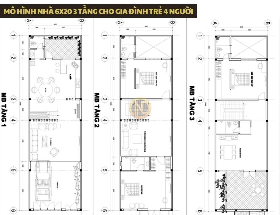 Mô hình nhà 6x20 3 tầng cho gia đình trẻ 4 người: ưu tiên không gian mở và đa năng