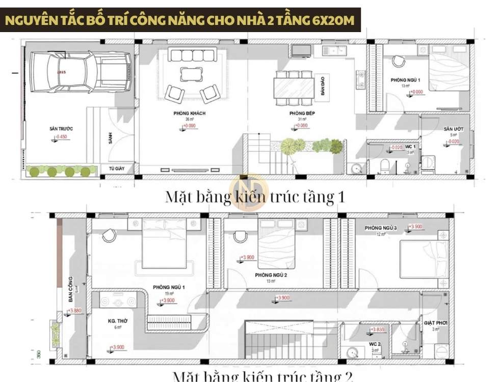 Nguyên tắc bố trí công năng cho nhà 2 tầng 6x20m
