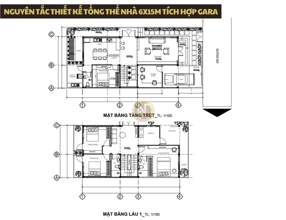 Nguyên tắc thiết kế tổng thể nhà 6x15m tích hợp gara