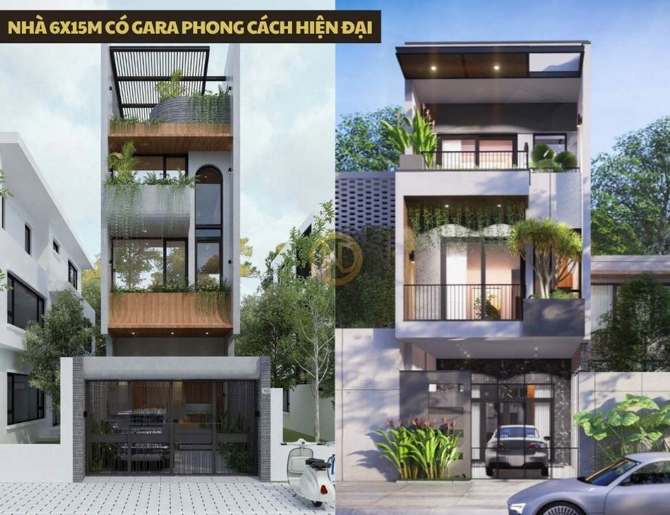 Nhà 6x15m có gara phong cách hiện đại với hình khối vuông vức và cửa kính lớn