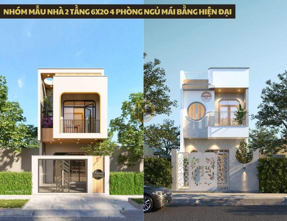 Nhóm mẫu nhà 2 tầng 6x20 4 phòng ngủ mái bằng hiện đại