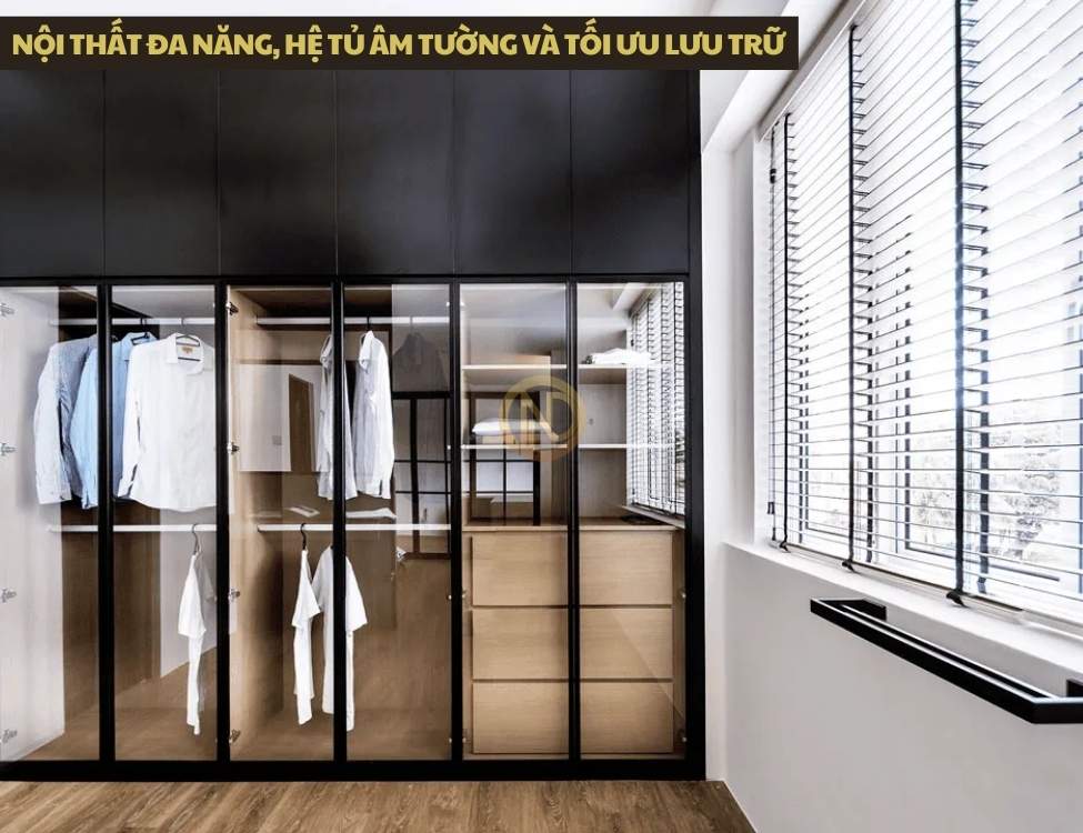 Nội thất đa năng, hệ tủ âm tường và tối ưu lưu trữ để mặt sàn luôn thông thoáng