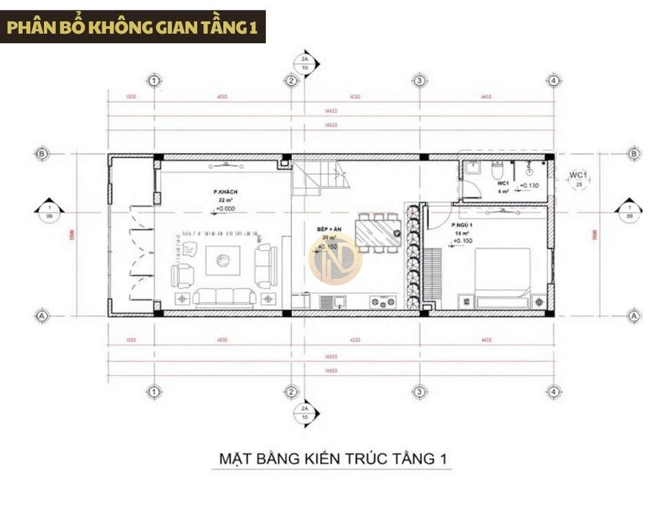 Phân bổ không gian tầng 1: khu sinh hoạt chung và diện tích bếp