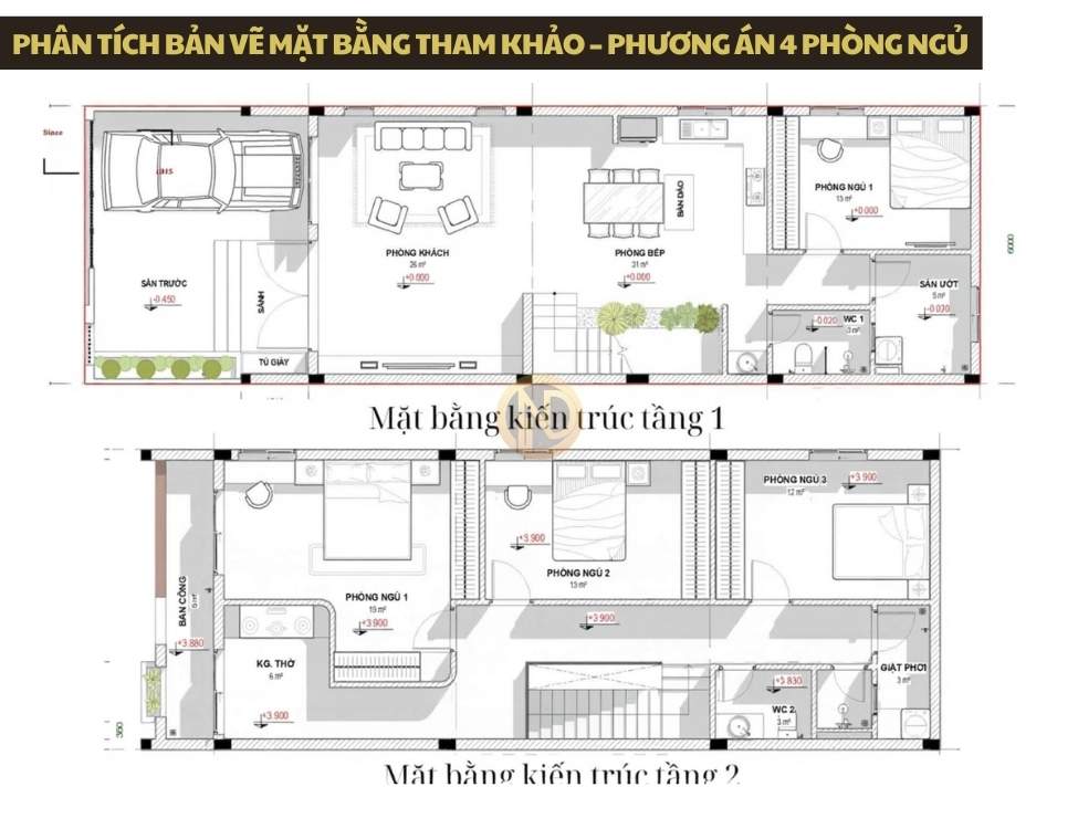 Phân tích bản vẽ mặt bằng tham khảo – phương án 4 phòng ngủ cho nhà 2 tầng 6x20m
