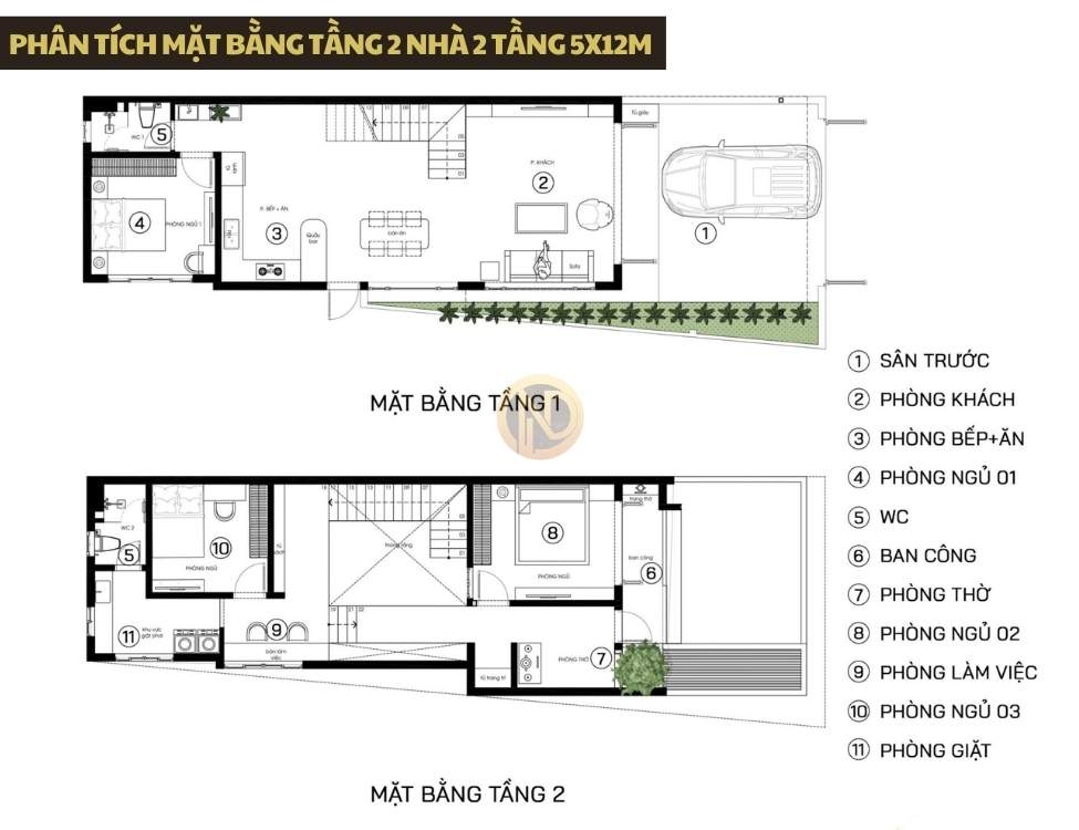 Phân tích mặt bằng tầng 2 nhà 2 tầng 5x12m