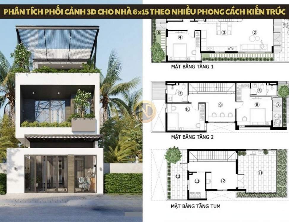 Phân tích phối cảnh 3D cho nhà 6×15 theo nhiều phong cách kiến trúc