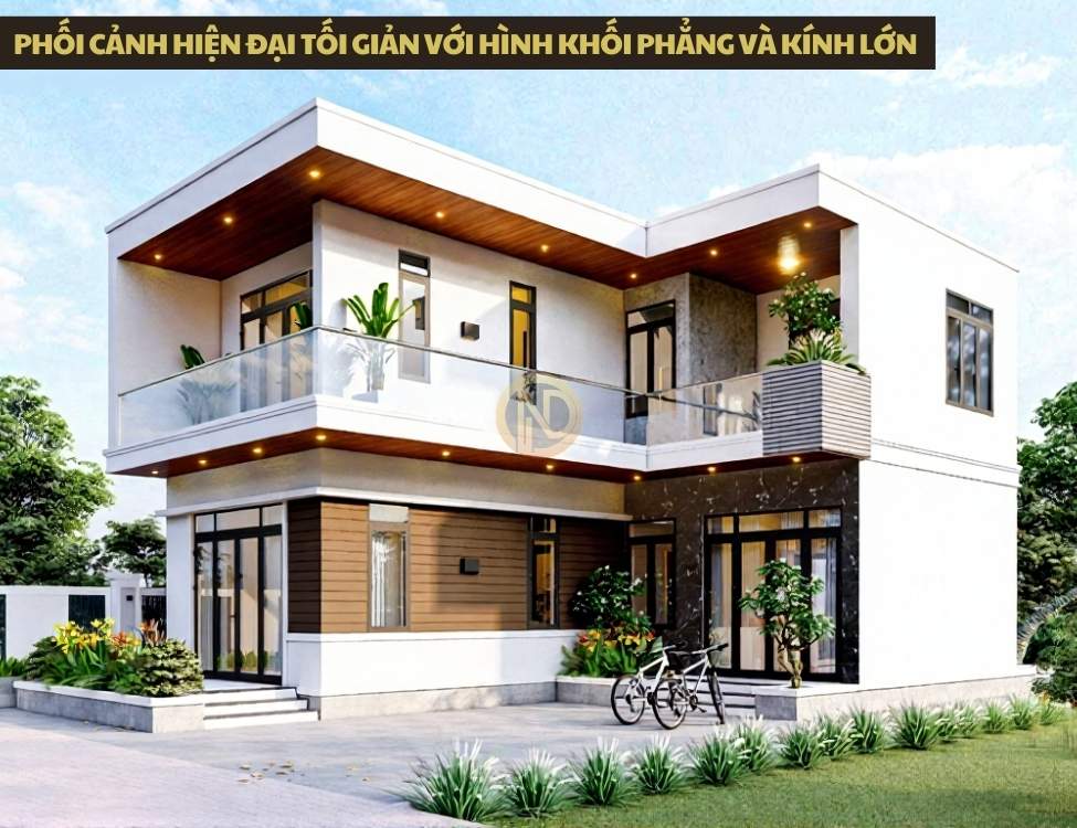 Phối cảnh hiện đại tối giản với hình khối phẳng và kính lớn của mẫu nhà 6x15m 2 tầng
