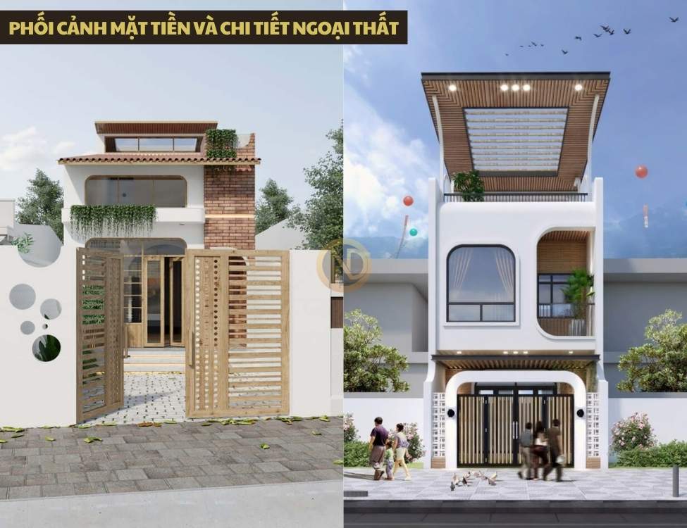 Phối cảnh mặt tiền và chi tiết ngoại thất nhà 5x12 1 trệt 1 lầu 3 phòng ngủ