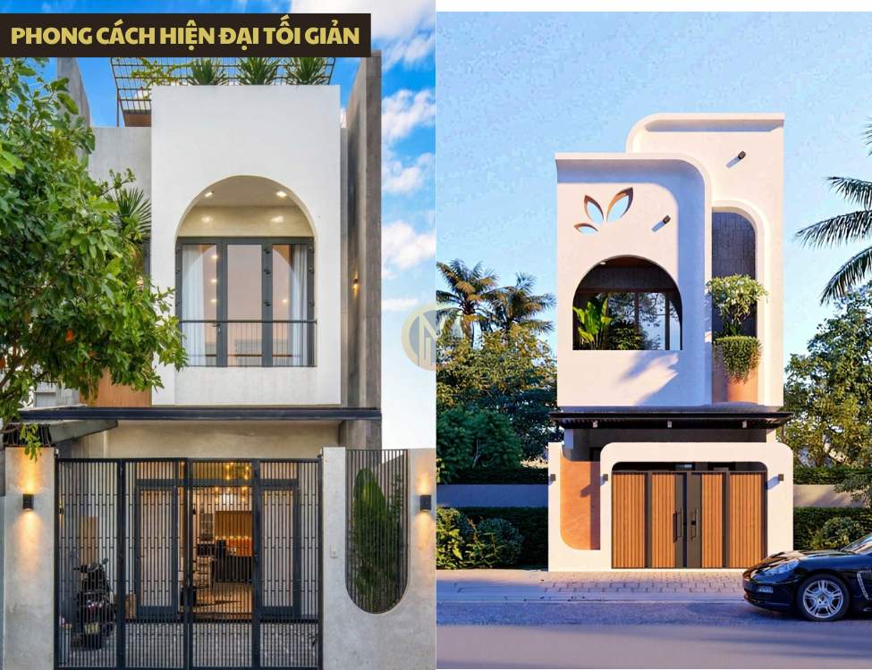 Phong cách hiện đại tối giản cho mẫu nhà 2 tầng 3 phòng ngủ 5x20: khối hộp, mảng kính lớn, đường nét gọn gàng