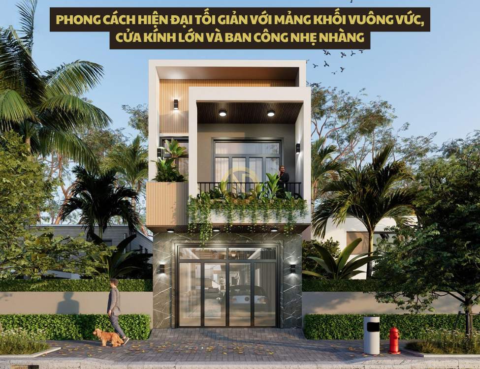 Phong cách hiện đại tối giản với mảng khối vuông vức, cửa kính lớn và ban công nhẹ nhàng cho mẫu thiết kế nhà 2 tầng 6x11m