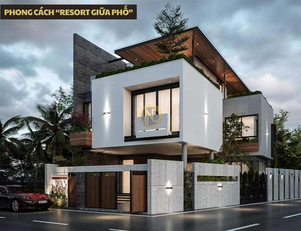 Phong cách “resort giữa phố”_ ban công rộng, cây xanh, lam gỗ, kính vẫn áp dụng tốt cho mẫu nhà ống 2 tầng chi phí thấp