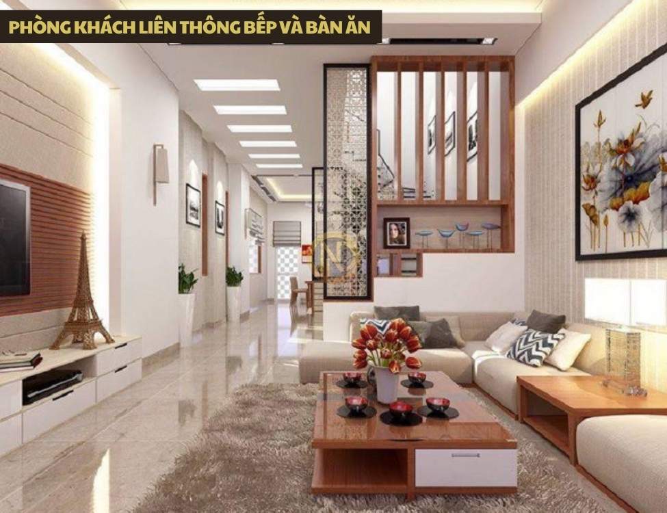 Phòng khách liên thông bếp và bàn ăn tạo không gian rộng thoáng