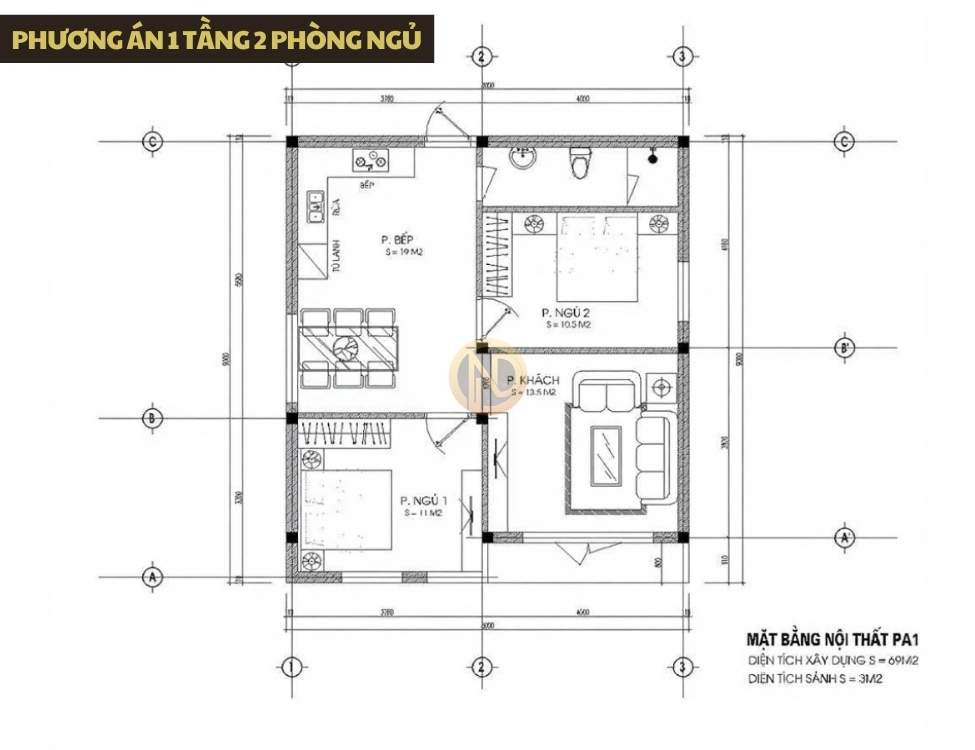 Phương án 1 tầng 2 phòng ngủ – phù hợp vợ chồng trẻ và 1 con nhỏ, gần với bố cục của mẫu nhà cấp 4 8x9m