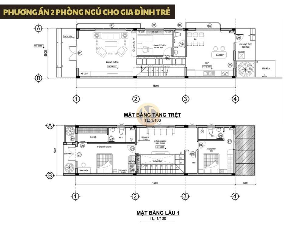 Phương án 2 phòng ngủ cho gia đình trẻ với không gian sinh hoạt chung rộng rãi tham khảo từ mẫu thiết kế nhà 5x12m 1 tầng
