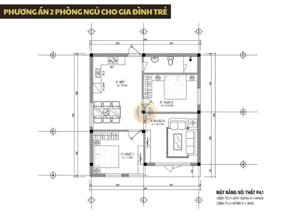 Phương án 2 phòng ngủ cho gia đình trẻ