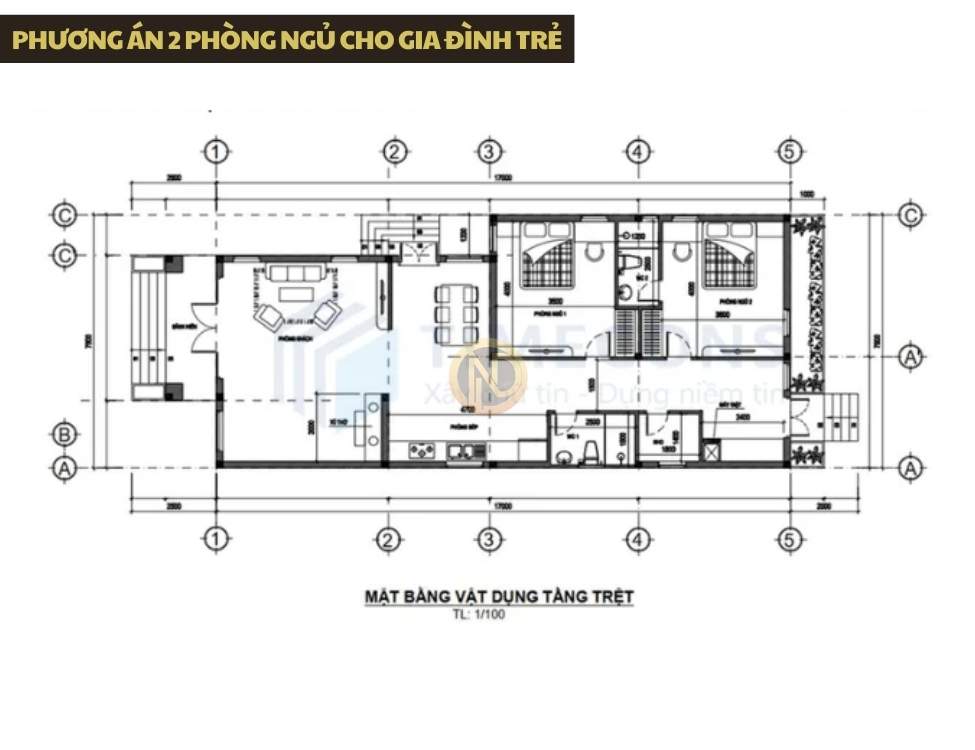 Phương án 2 phòng ngủ cho gia đình trẻ