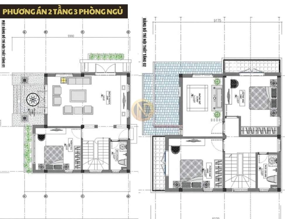 Phương án 2 tầng 3 phòng ngủ – đáp ứng gia đình trẻ 3–5 người
