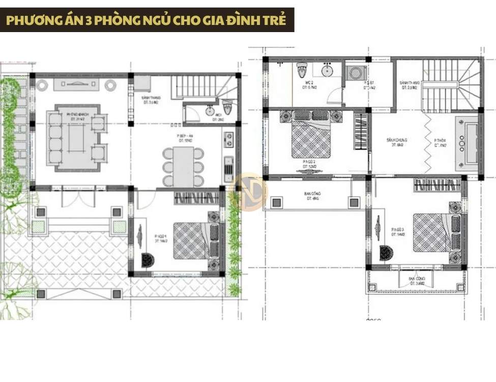 Phương án 3 phòng ngủ cho gia đình trẻ 