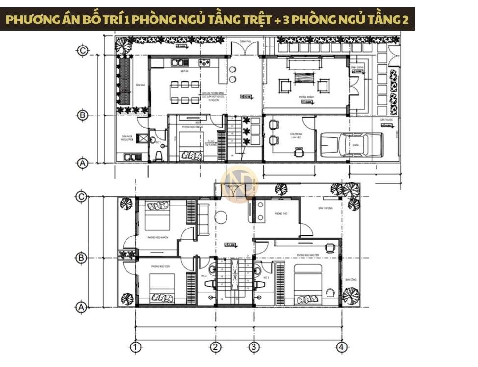 Phương án bố trí 1 phòng ngủ tầng trệt + 3 phòng ngủ tầng 2