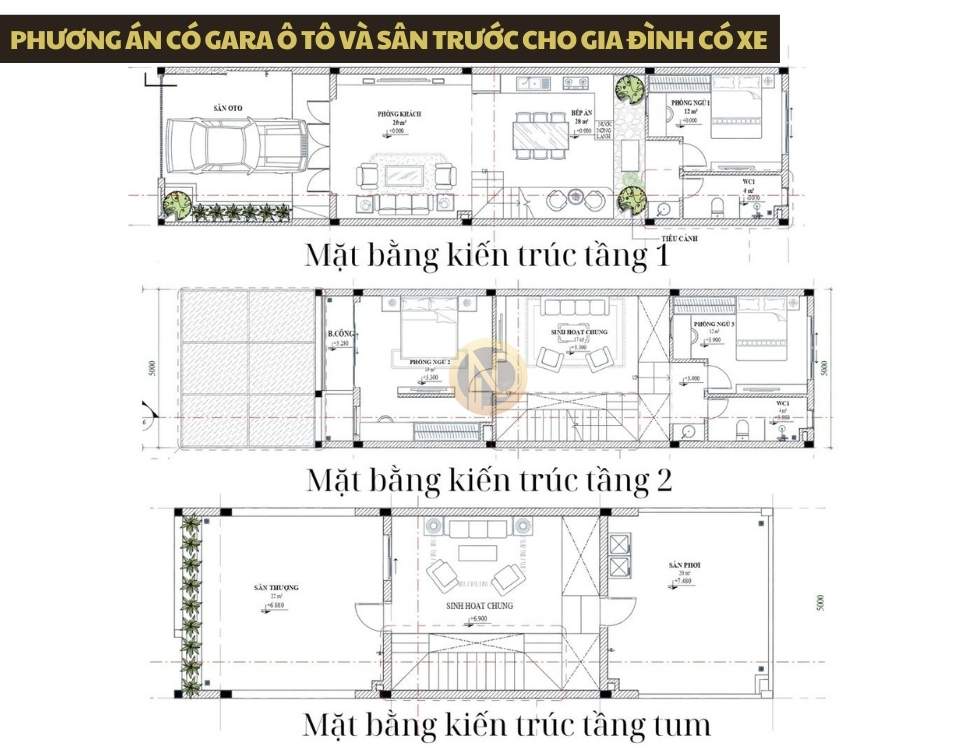 Phương án có gara ô tô và sân trước cho gia đình có xe