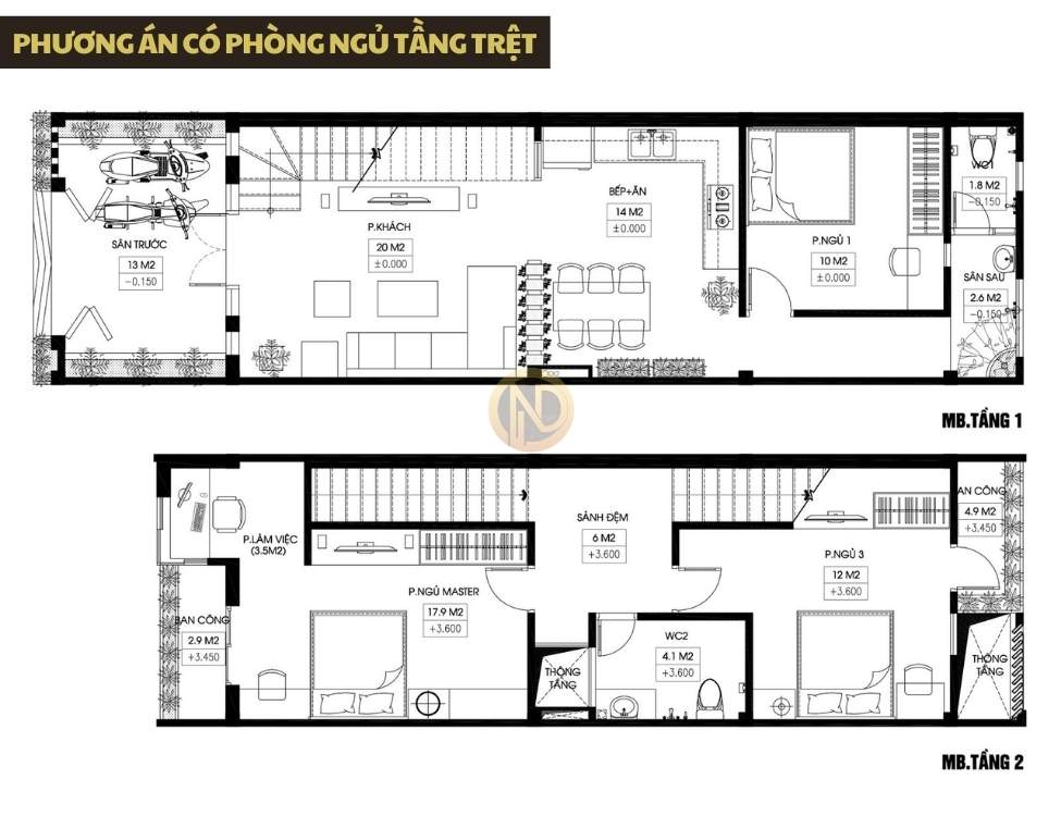 Phương án có phòng ngủ tầng trệt cho người lớn tuổi hoặc kết hợp kinh doanh nhỏ