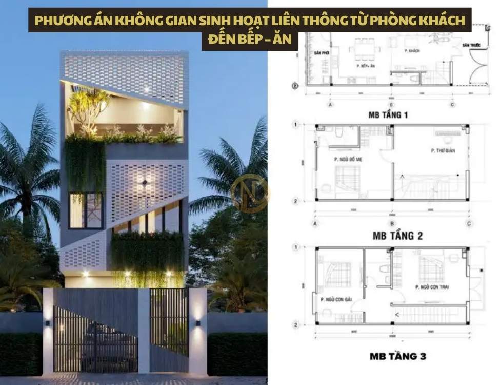 Phương án không gian sinh hoạt liên thông từ phòng khách đến bếp – ăn