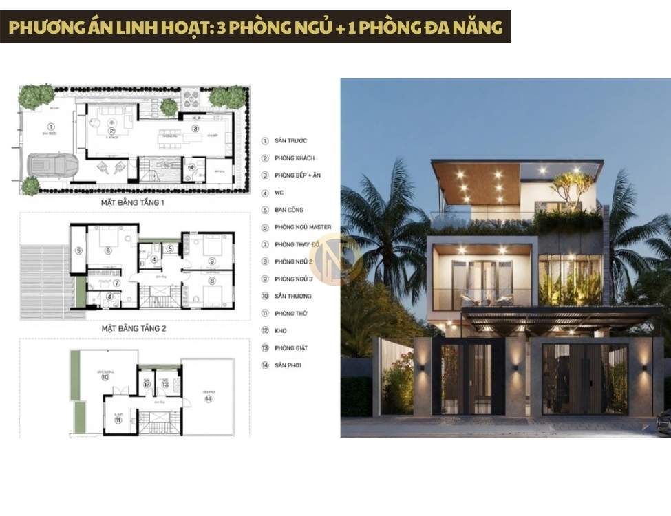 Phương án linh hoạt: 3 phòng ngủ + 1 phòng đa năng