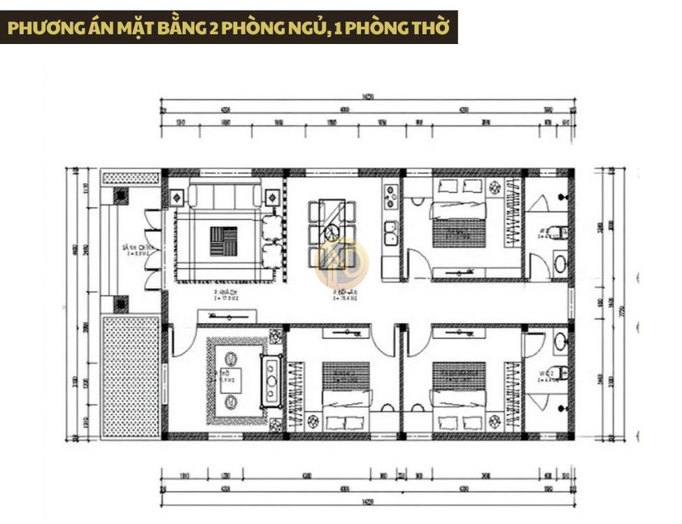 Phương án mặt bằng 2 phòng ngủ, 1 phòng thờ