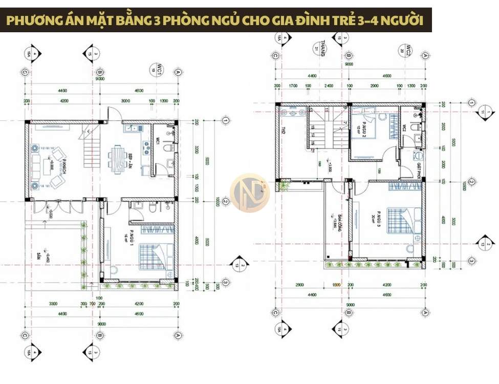 Phương án mặt bằng 3 phòng ngủ cho gia đình trẻ 3–4 người