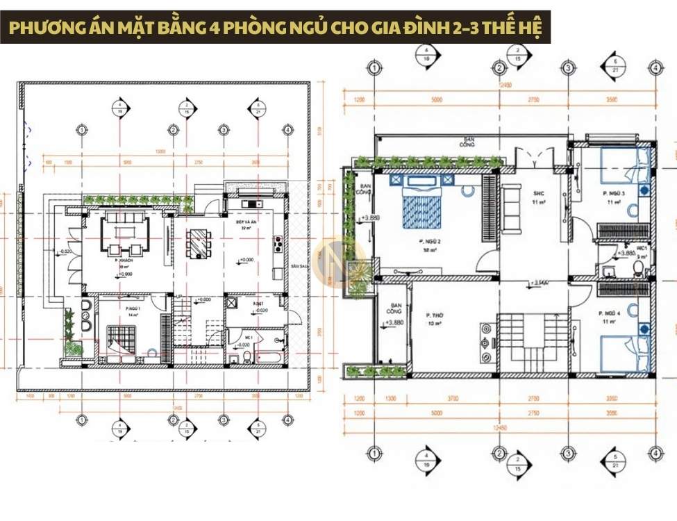 Phương án mặt bằng 4 phòng ngủ cho gia đình 2–3 thế hệ