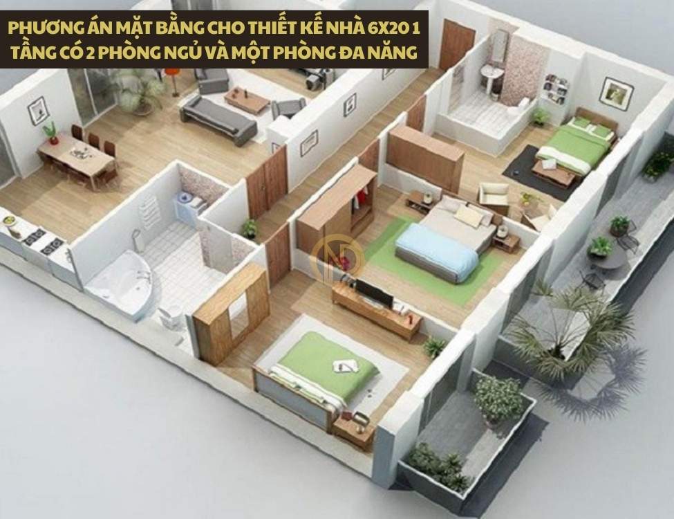 Phương án mặt bằng cho thiết kế nhà 6x20 1 tầng có 2 phòng ngủ và một phòng đa năng