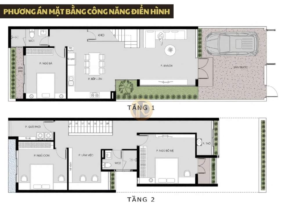 Phương án mặt bằng công năng điển hình cho nhà 2 tầng mái Thái 6x20