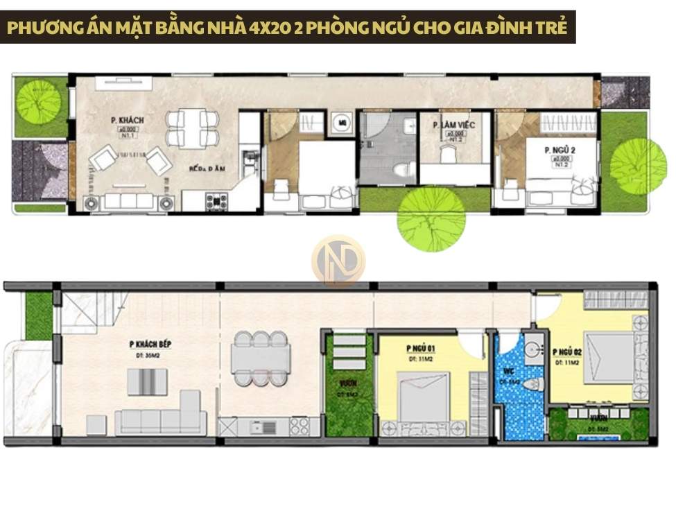 Phương án mặt bằng nhà 4x20 2 phòng ngủ cho gia đình trẻ