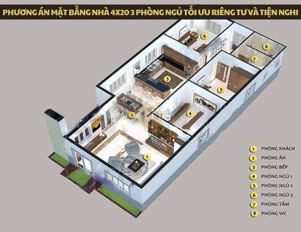 Phương án mặt bằng nhà 4x20 3 phòng ngủ tối ưu riêng tư và tiện nghi