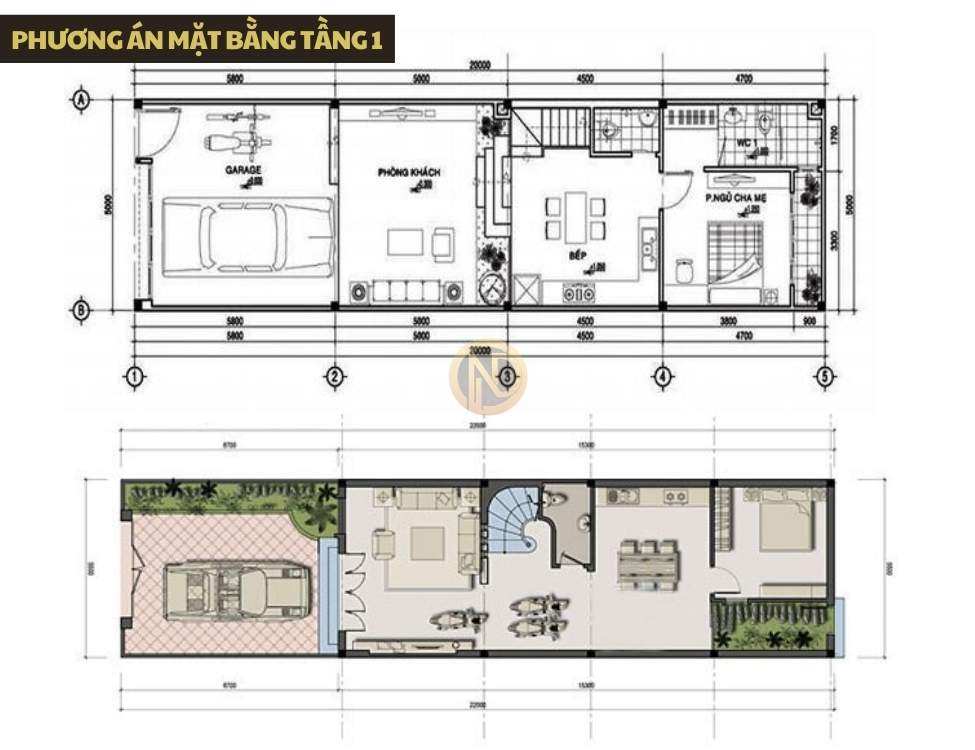 Phương án mặt bằng tầng 1: tối ưu sinh hoạt chung trong không gian hẹp