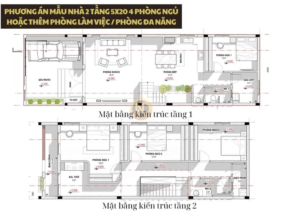 Phương án mẫu nhà 2 tầng 5x20 4 phòng ngủ