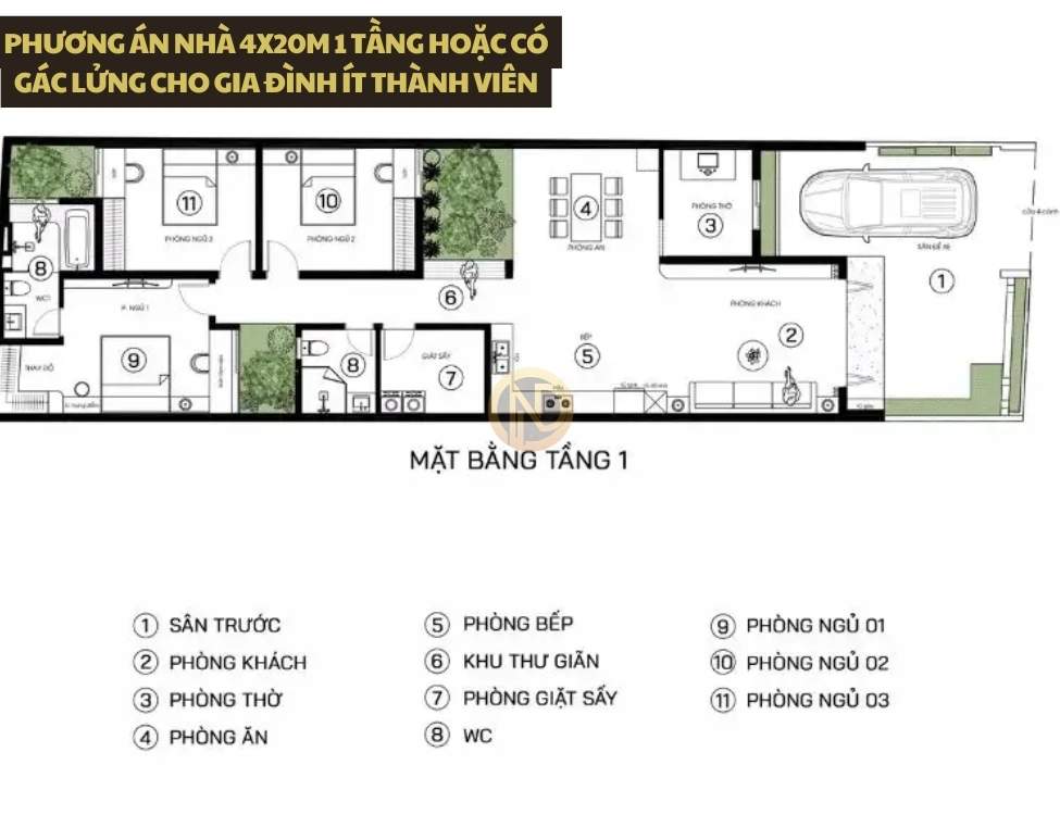 Phương án nhà 4x20m 1 tầng hoặc có gác lửng cho gia đình ít thành viên