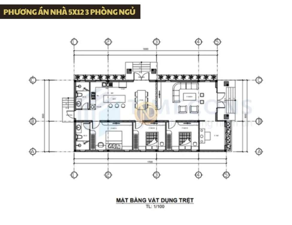 Phương án nhà 5x12 3 phòng ngủ cho gia đình đông người