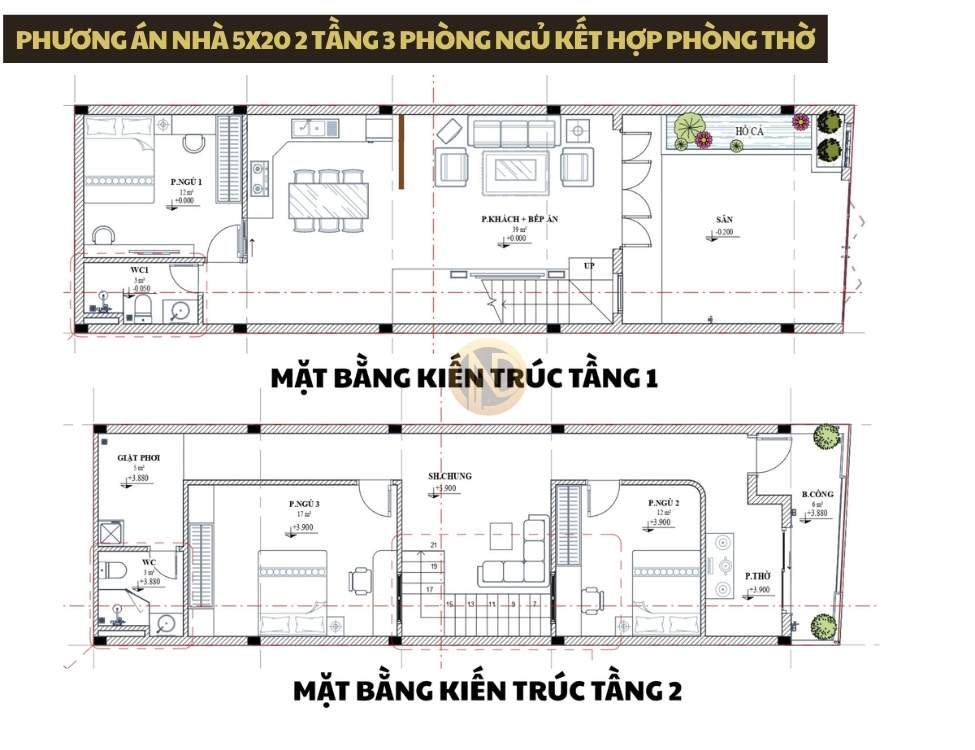 Phương án nhà 5x20 2 tầng 3 phòng ngủ kết hợp phòng thờ cho gia đình 3–5 thành viên