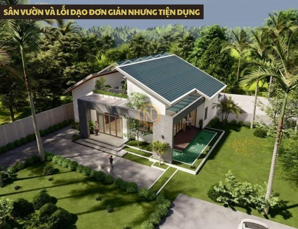 Sân vườn và lối dạo đơn giản nhưng tiện dụng
