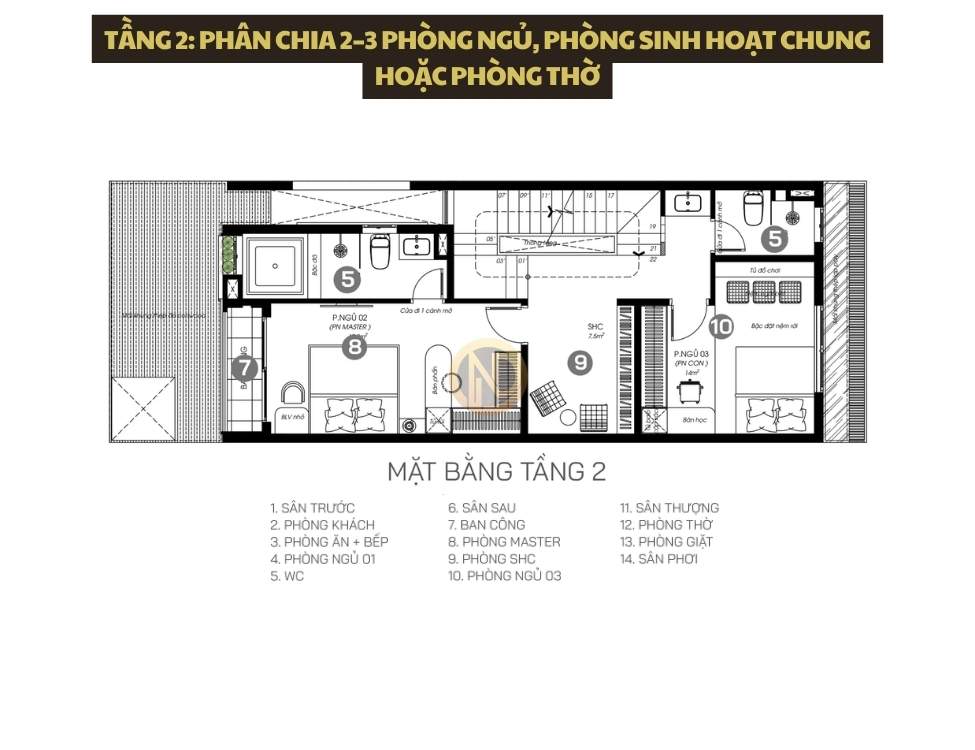 Tầng 2: phân chia 2–3 phòng ngủ, phòng sinh hoạt chung hoặc phòng thờ cho mẫu nhà ống 2 tầng đẹp mặt tiền 6m và 2 mặt tiền
