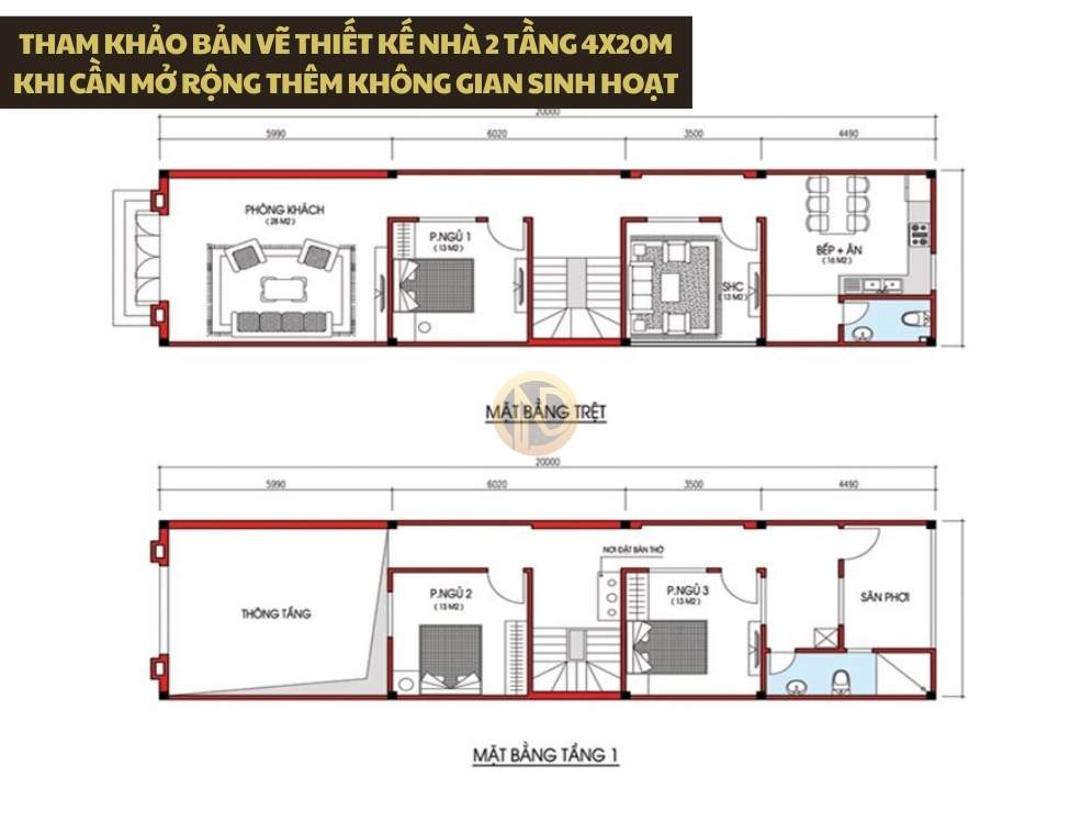 Tham khảo bản vẽ thiết kế nhà 2 tầng 4x20m khi cần mở rộng thêm không gian sinh hoạt