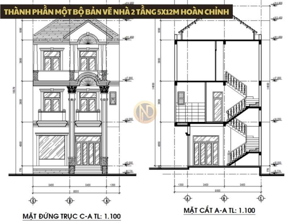 Thành phần một bộ bản vẽ nhà 2 tầng 5x12m hoàn chỉnh