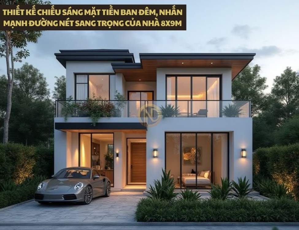 Thiết kế chiếu sáng mặt tiền ban đêm, nhấn mạnh đường nét sang trọng của nhà 8x9m