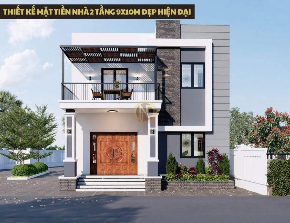Thiết kế mặt tiền nhà 2 tầng 9x10m đẹp hiện đại