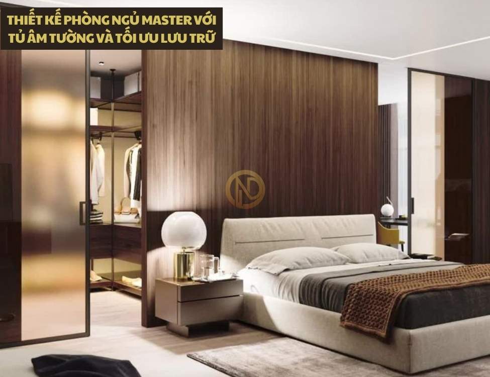 Thiết kế phòng ngủ master với tủ âm tường và tối ưu lưu trữ